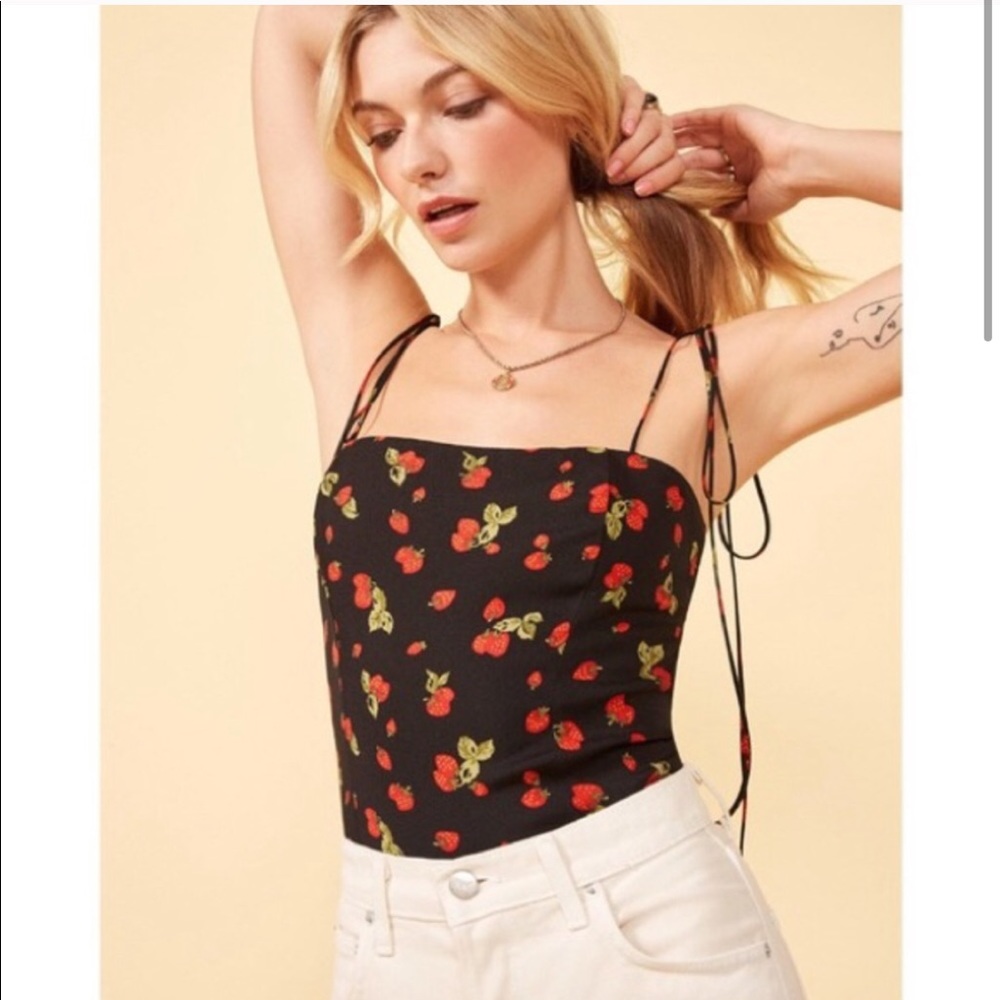 Reformation Black Strawberry Print Tie-Strap Tank